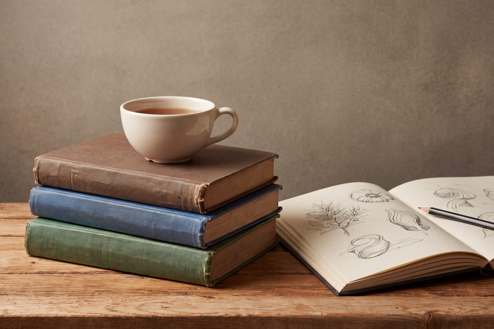 A cup of coffee on a stack of old engineering books next to an open sketchbook