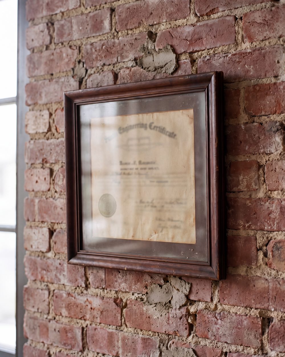 An old engineering diploma in a wooden frame on a peeling brick wall