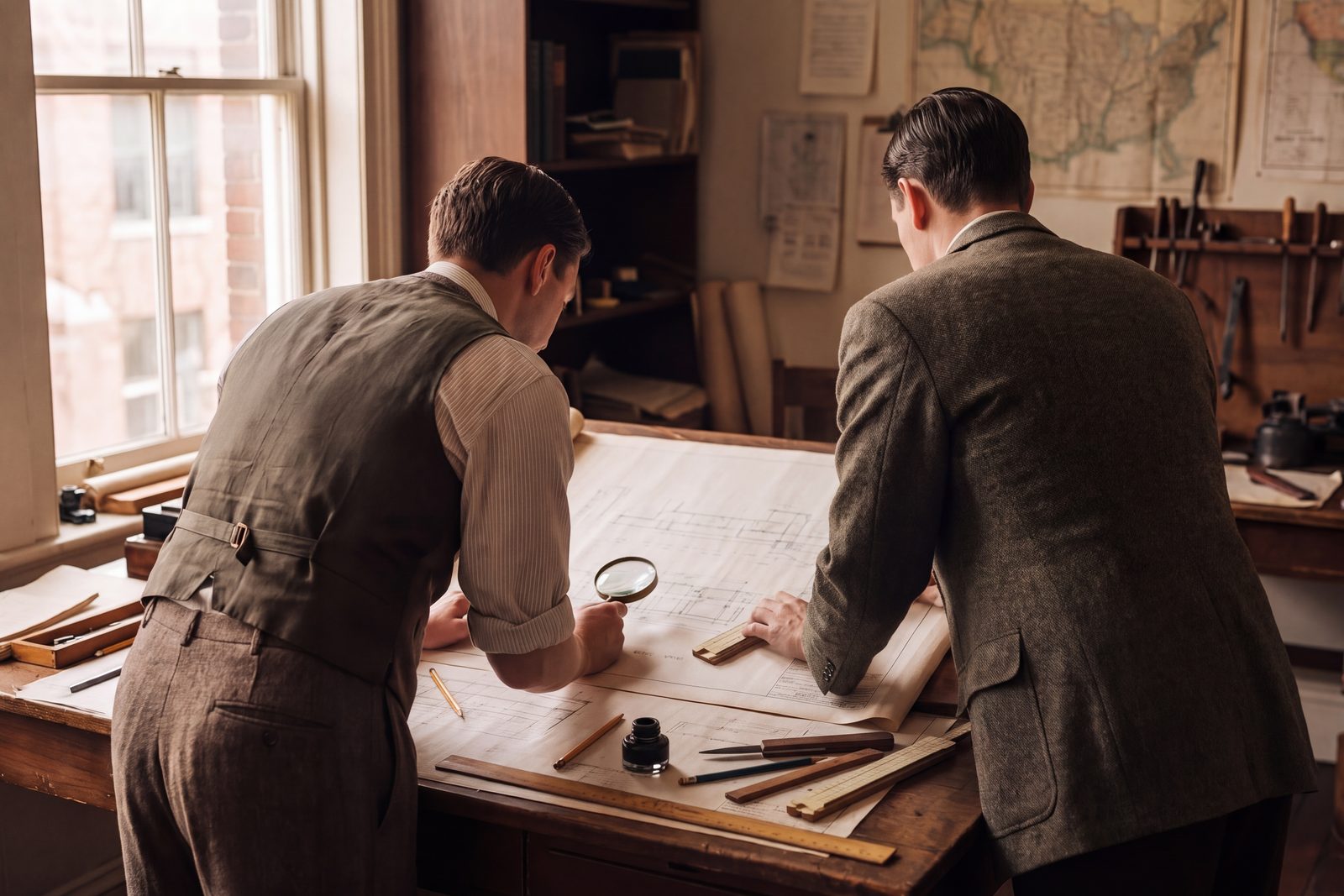 Two engineers in 1920s clothes over a plan on a drafting table