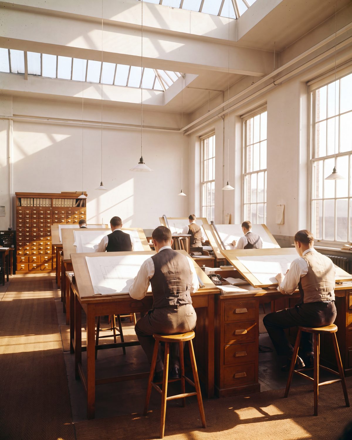 An engineering drafting hall in the 1920s, wooden desks and plans