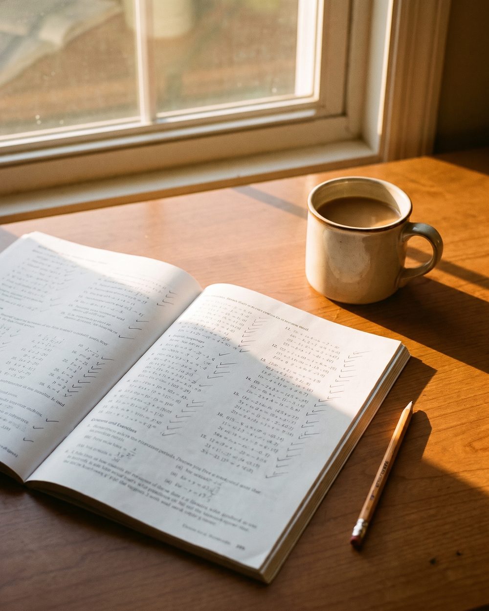 An open workbook full of handwriting on a desk by a window, with a mug and a pencil