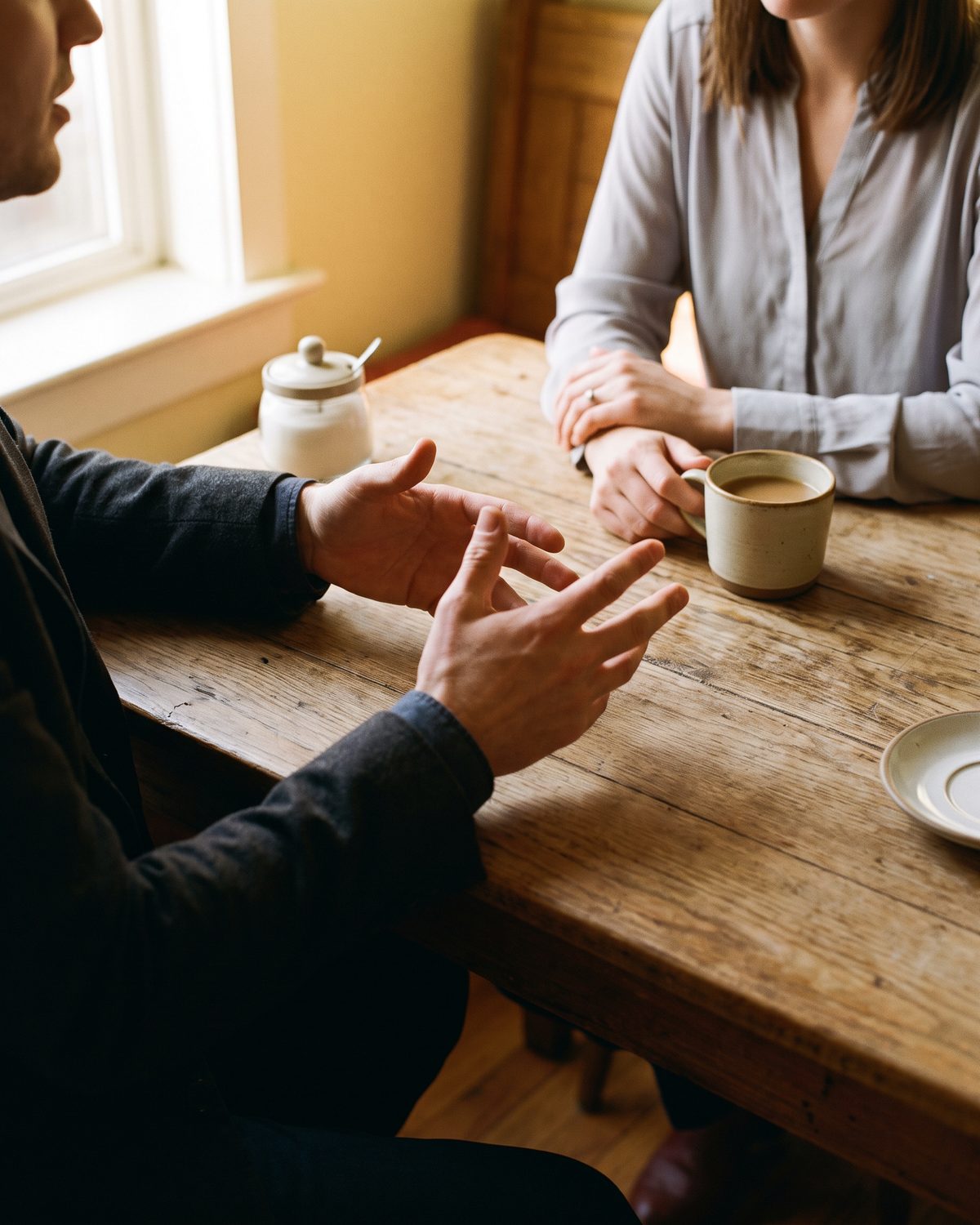 Two people at a wooden table, one explaining with their hands, the other listening